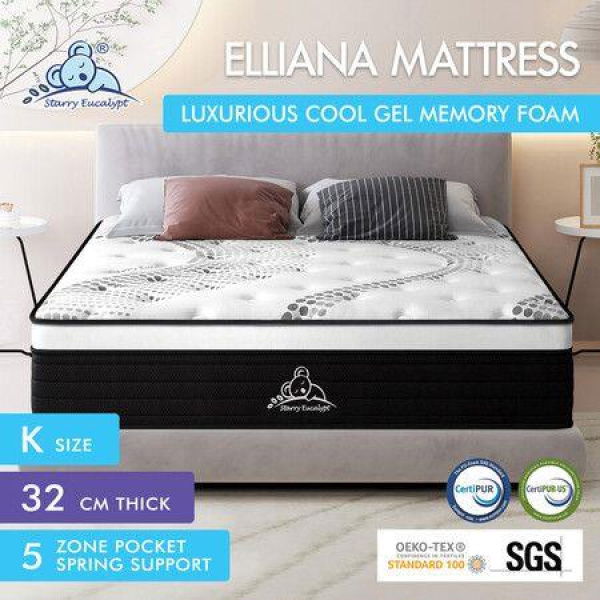 STARRY EUCALYPT Mattress Pocket Spring King Size Cool Gel Euro Top 32cm