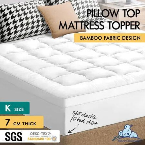 STARRY EUCALYPT Mattress Topper Bamboo White Pillowtop Protector Cover Pad King 7cm