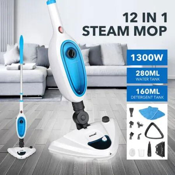 Steam Mop Cleaner 1300W 12-in-1 Handheld Steamer Multiple Function Floor Carpet Window Swivel Home Cleaning Hard Wood Tile Grout Upholstery Furniture