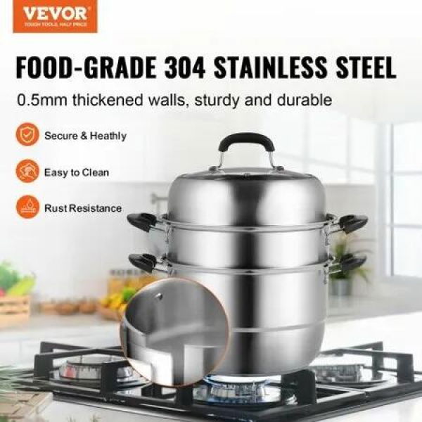 Steamer Pot 28cm Steamer Pot for Cooking w/ 8.5QT Stock Pot Vegetable Steamer & 2 Steaming Grid 3-Layer Food-Grade 304 Stainless Steel Food Steamer