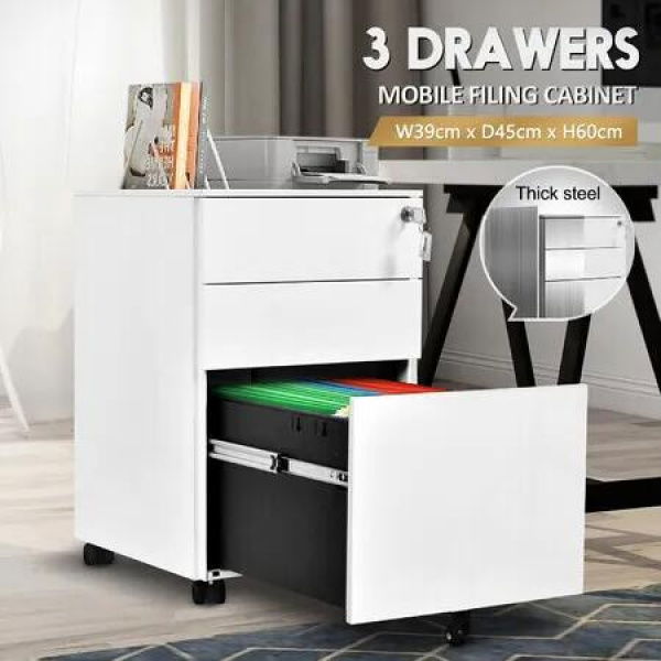 Steel File Cabinet 3 Drawers Metal Office Under Desk Document Storage Furniture White Vertical Locking Mobile Filing Organiser Unit On 5 Wheels