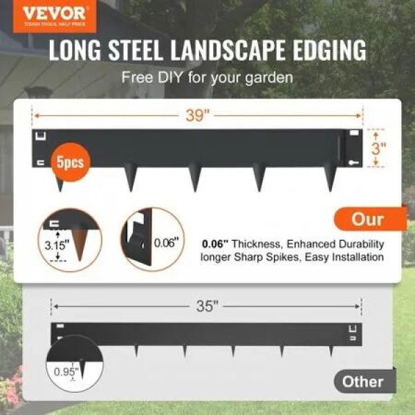 Steel Landscape Edging, 5-pack Steel Garden Edging Borders, 39' L x 3' H Strips, Hammer-in Edging Border, Bendable Metal Landscape Edging for Yard, Garden, Lawn, 3.15' Spike Height, Black