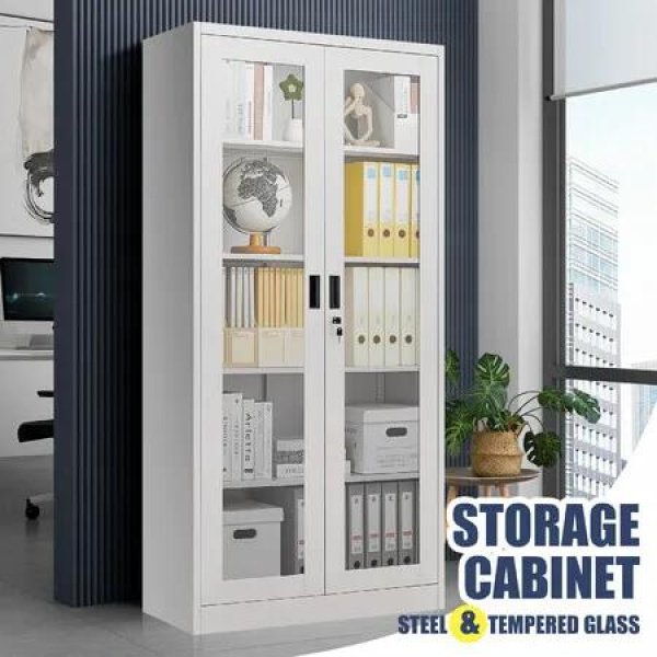 Steel Office Cabinet Filing Storage Shelf Lockable Tempered Glass Door Display Cupboard Rack Home Garage 185x90x40cm