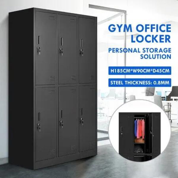 Steel Storage Cabinet 6 Doors Locker Tall Black Cupboard Furniture Heavy Duty Metal Locking Organiser for Office School Gym Home Garage