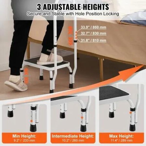 Step Stool 1-Step 150KG Capacity 3 Adjustable Height with Handle Steel Step Ladder Portable Toddler Step Stools for Adults Non-Slip Sturdy Step Ladders