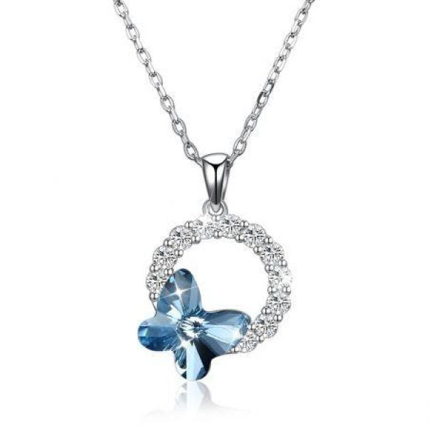 Sterling Silver Butterfly Romantic Round Pendant Necklace Blue/Platinum Plated.