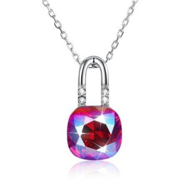 Sterling Silver Lock Crystal Pendant Necklace In Color/Platinum Plated.