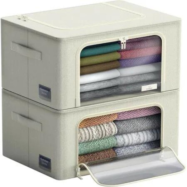 Storage Bins with Metal Frame - Stackable & Foldable Clothes Organizer Bags with Clear Window & Carry Handles Organization for Clothing(Beige)