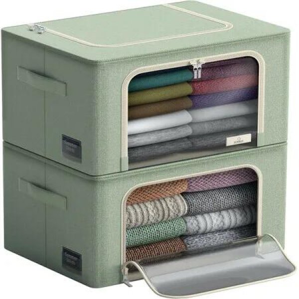Storage Bins with Metal Frame - Stackable & Foldable Clothes Organizer Bags with Clear Window & Carry Handles Organization for Clothing(Green)