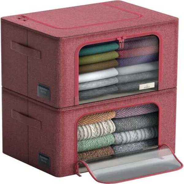 Storage Bins with Metal Frame - Stackable & Foldable Clothes Organizer Bags with Clear Window & Carry Handles Organization for Clothing(Red)