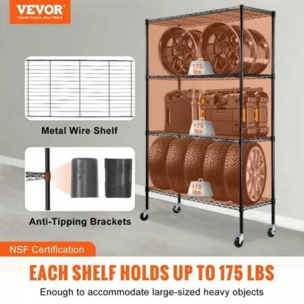 Storage Shelving Unit with Wheels 4-Tier Adjustable 700 lbs Capacity Heavy Duty Garage Shelves Metal Organizer Wire Rack Black 47.2' L x 17.7' W x 74' H