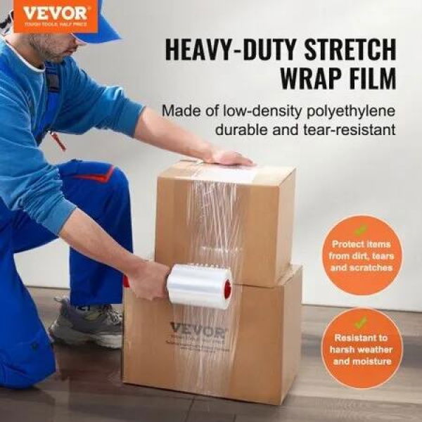 Stretch Film 127 mm (W) x 305 m (L) 4 Pack 80 Gauge Industrial Strength Clear Durable Stretch Wrap Roll Heavy Duty Shrink Film Stretch Wrap with Handles