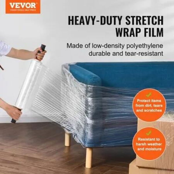 Stretch Film 381 mm (W) x 305 m (L) 2 Pack 60 Gauge Industrial Strength Clear Durable Stretch Wrap Roll Heavy Duty Shrink Film Stretch Wrap with Handles