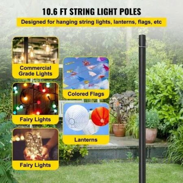 String Light Poles 2 Pack 10.6 FT Outdoor Powder Coated Steel Lamp Post with Hooks to Hang Lantern and Flags Universal Mounting Options to Decorate Garden