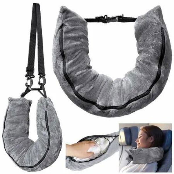 Stuffable Travel Pillow,Airplane Foot Rest,Adjustable Memory Foam Foot Sling,Office Leg Rest for Adults, Fits About 6 T-Shirts,Sleep Mask,Earplugs