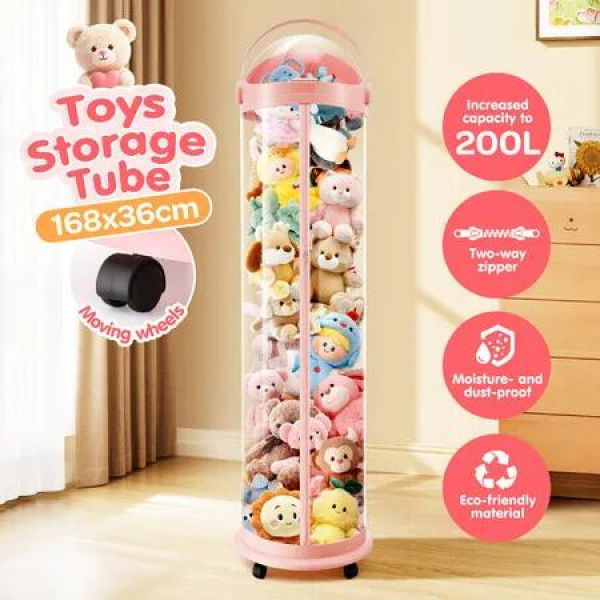 Stuffed Animal Storage Kids Toys Tube Box Zoo Plush Soft Doll Organiser Playroom Nursery Display Cabinet Holder Vertical Container Wheels 168x36cm