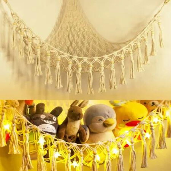 Stuffed Animal Toy Storage Hammock with LED Light - Macrame Jumbo Doll Room Corner Organizer Mesh Decorations - Hanging Storage Nets Kids Bedroom (Beige)