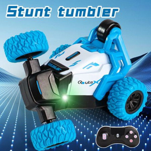 Stunt Acrobatic Tumbling Remote Control Car 2.4GHz 4WD RC Stand Up Rotate 360 Degrees Flips Toys With Lights (Blue)