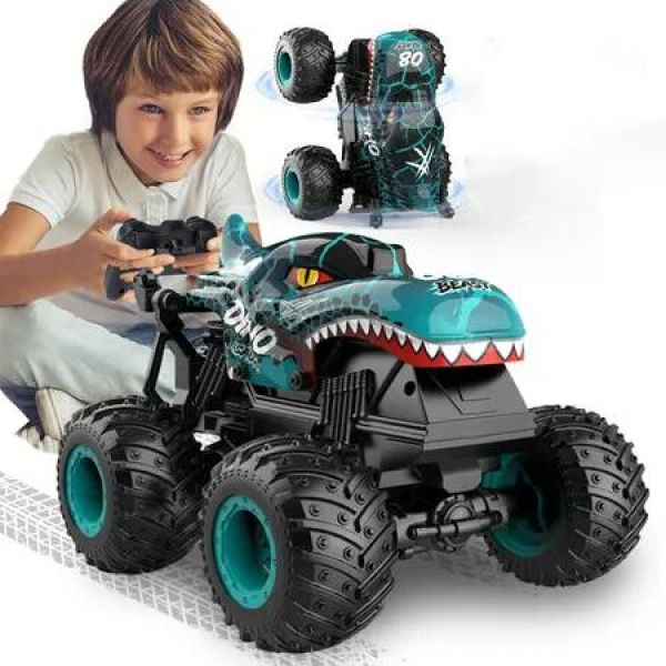 Stunt Car Remote Control Monster Trucks Dinosaur 360 Degree Spin Walk Upright Drift Light Music 2.4Ghz Offroad High Speed Toy Vehicle Playtime Gift Ages 8+ Blue