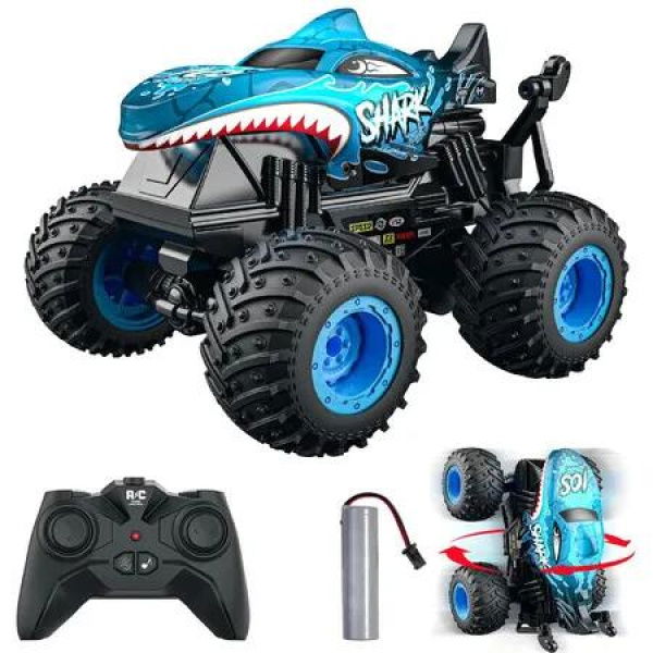 Stunt RC Monster Truck Toy Shark Remote Control 2.4GHz Light Sound All Terrain Car Offroad Vehicle Kids Indoor Outdoor Gift Blue