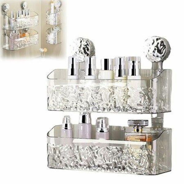 Suction Cup Shelf Suction Cup Wall Mounted Shower Storage Rack for Bathroom, No Drilling, Large Capacity (Transparent,L double layer)