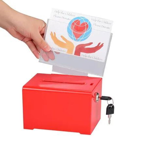 Suggestion Box with Slot and Lock, Acrylic Donation Box for Fundraising, Drawing Box for Raffle, 14 x 12.5 x 18CM voting box, Red