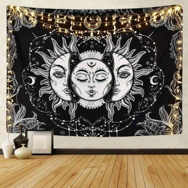 Sun And Moon Tapestry Star Tapestry Psychedelic Tapestry Black And White (130x150cm).