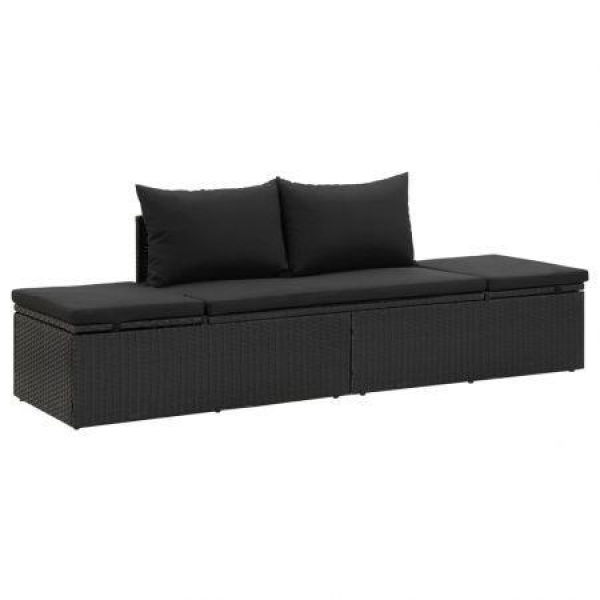 Sun Bed With Cushions Poly Rattan Black