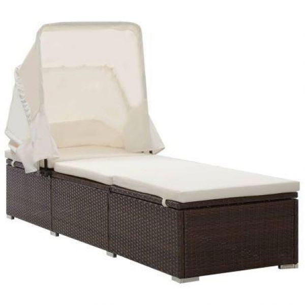 Sun Lounger With Canopy And Cushion Poly Rattan Brown