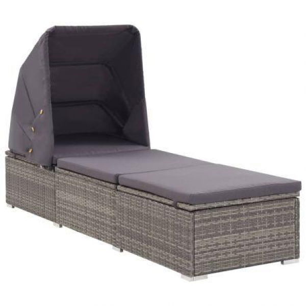 Sun Lounger With Canopy And Cushion Poly Rattan Grey