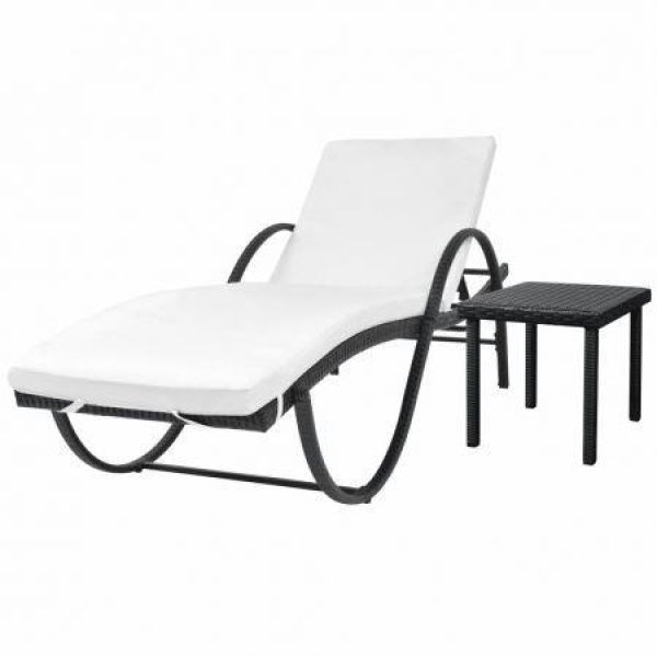 Sun Lounger With Cushion & Table Poly Rattan Black.