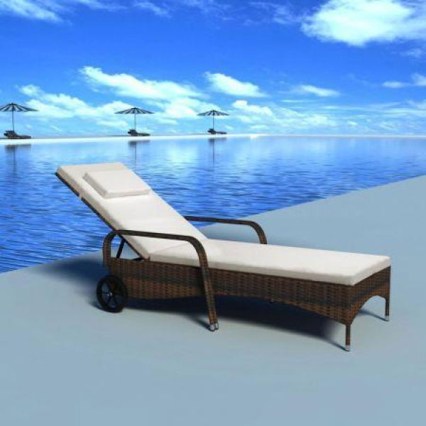 Sun Lounger With Cushion & Wheels Poly Rattan Brown.