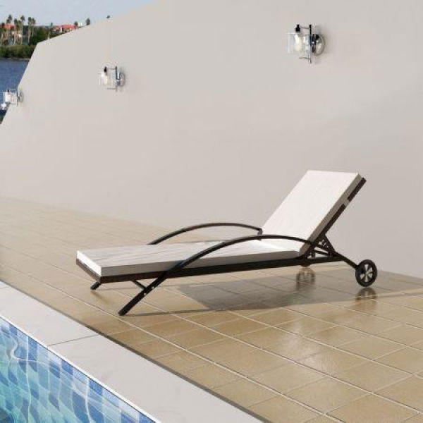 Sun Lounger With Cushion & Wheels Poly Rattan Brown.