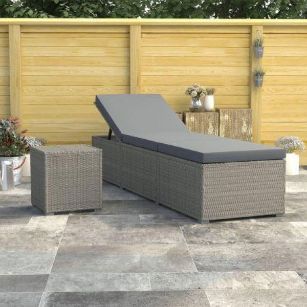 Sun Lounger With Cushion And Tea Table Poly Rattan Grey