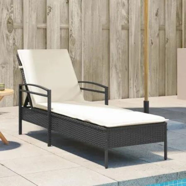 Sun Lounger with Cushion Black 63x200x81 cm Poly Rattan