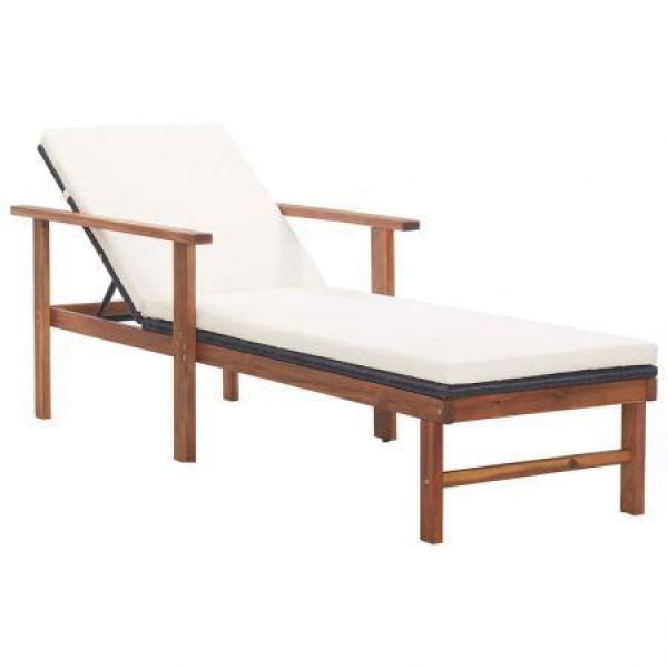 Sun Lounger With Cushion Poly Rattan And Solid Acacia Wood Black