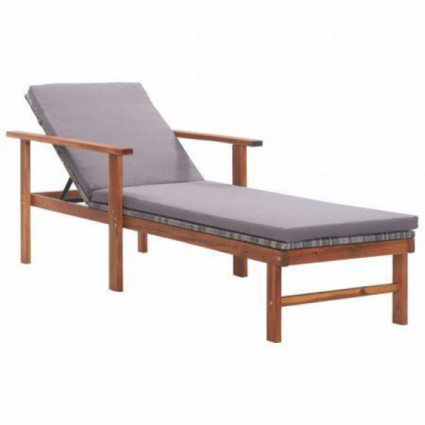 Sun Lounger With Cushion Poly Rattan And Solid Acacia Wood Grey