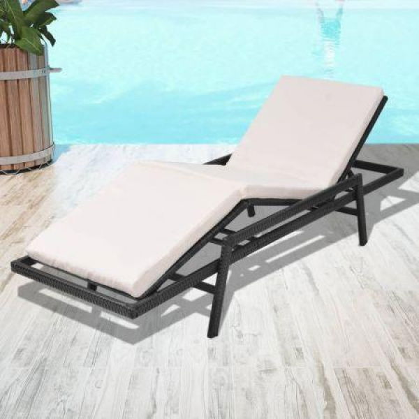 Sun Lounger With Cushion Poly Rattan Black