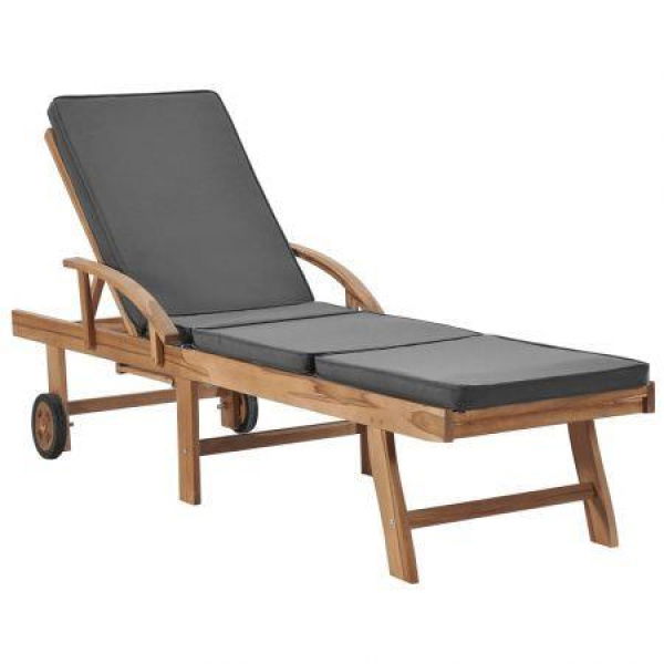 Sun Lounger With Cushion Solid Teak Wood Dark Grey