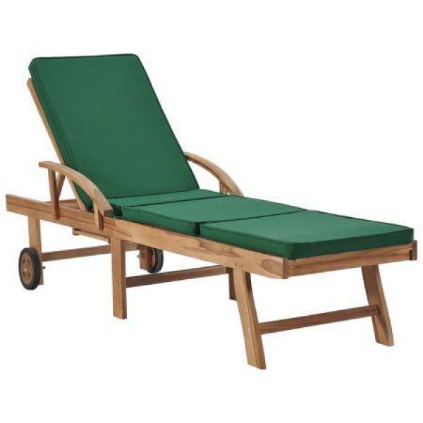 Sun Lounger With Cushion Solid Teak Wood Green