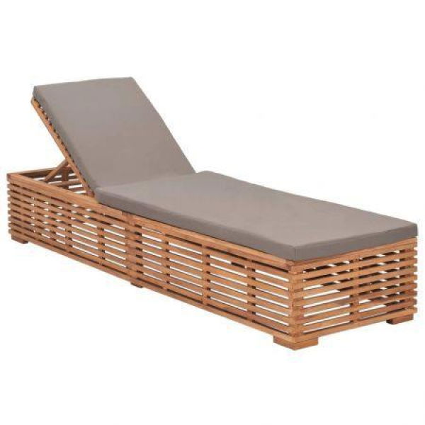 Sun Lounger With Dark Grey Cushion Solid Teak Wood