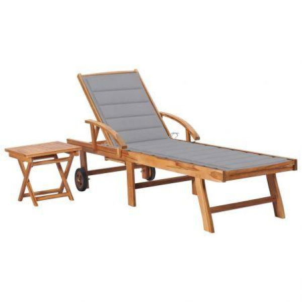 Sun Lounger With Table And Cushion Solid Teak Wood