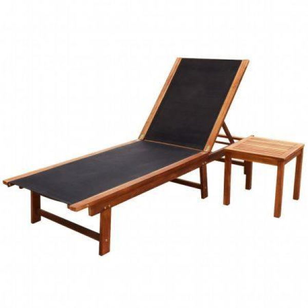 Sun Lounger With Table Solid Acacia Wood And Textilene