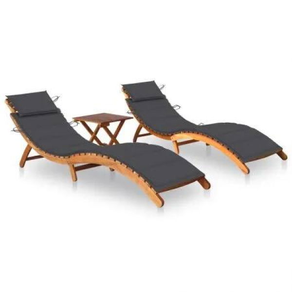 Sun Loungers 2 pcs with Table and Cushions Solid Wood Acacia