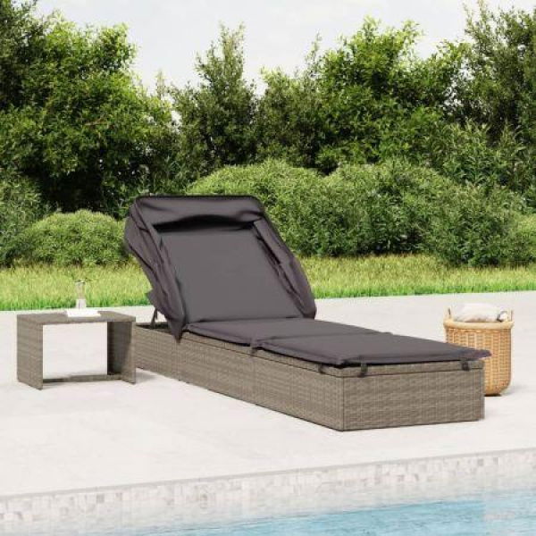 Sunbed With Foldable Roof Grey 213x63x97 Cm Poly Rattan