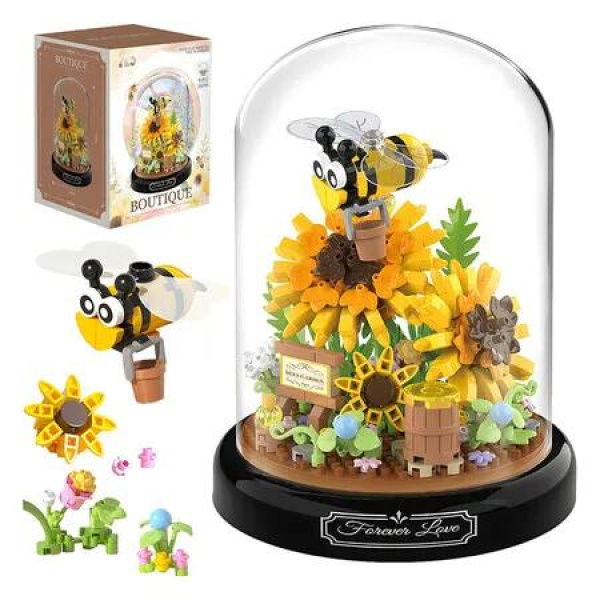 Sunflower Bee Bouquet Building Block Set, Micro Mini Botanical Building Toy for Women, 548 PCS