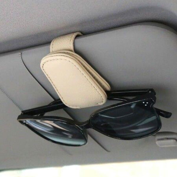 Sunglasses Holders For Car Sun Visor Magnetic Leather Glasses Eyeglass Hanger Clip For Car Ticket Card Clip Eyeglasses Mount Car Visor Accessories (Beige)