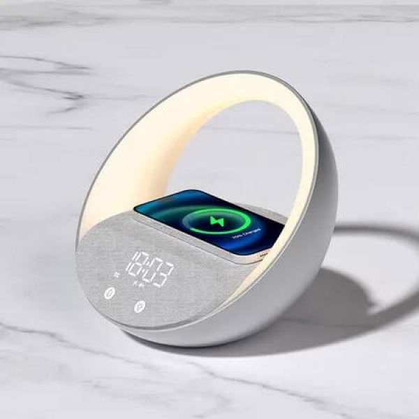 Sunrise Simulation Wake Up Night Light, 15W Fast Wireless Charging Alarm Clock for Bedroom, Bluetooth Stereo Sound Speaker, USB Charger Port (Grey)