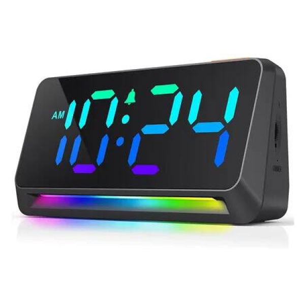 Super Loud Alarm Clock for Bedroom, Heavy Sleepers,Dynamic RGB Color Changing Clock for Teens, Kids, Small Bedside Digital Clock with LED Display, Atmosphere Light, USB Charger, Black