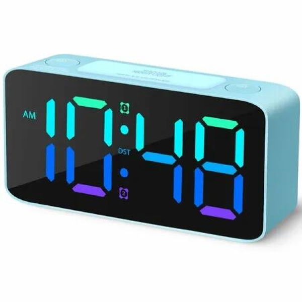 Super Loud Alarm Clock Heavy Sleepers Digital 7 Colour Night Light Adjustable Volume Dimmer Small Bedroom Blue RGB Wake Up Accessories